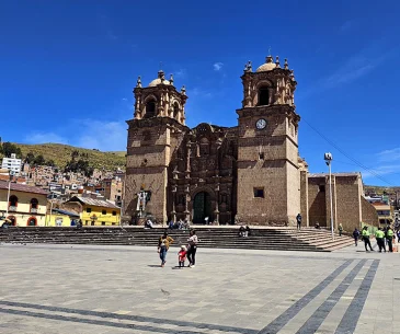 puno city plaza cathedral lake titicaca