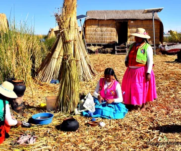 uros floating islands on lake titicaca near puno peru