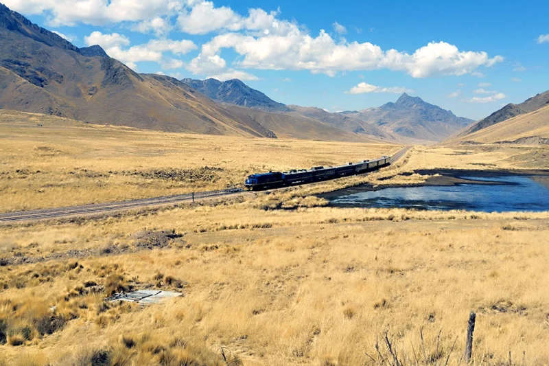 PeruRail Titicaca train crossing the Peruvian altiplano between Cusco and Puno