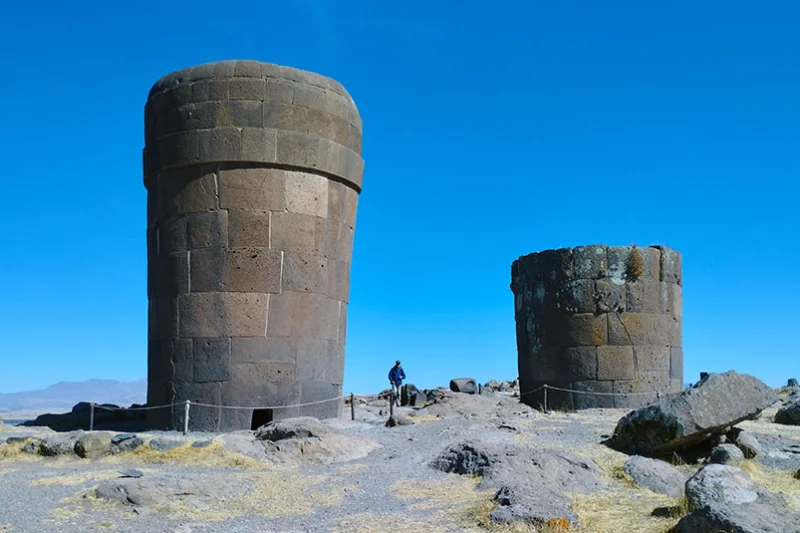 Sillustani pre-Inca funerary towers known as chullpas near Lake Titicaca