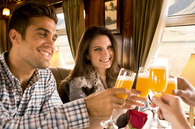Dining car on the PeruRail Titicaca train where lunch is included in the Cusco to Puno ticket price